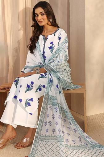 women floral printed regular kurta with trousers & with dupatta