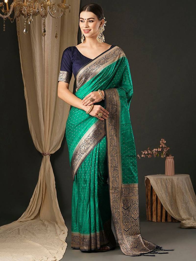 Green ethnic motifs silk blend designer banarasi saree