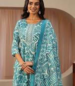 blue paisley printed cotton straight suit set