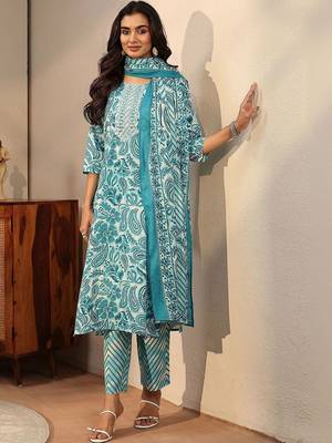 blue paisley printed cotton straight suit set 2