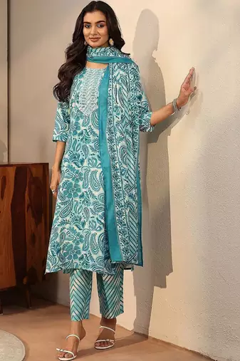blue paisley printed cotton straight suit set