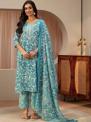 blue paisley printed cotton straight suit set 6