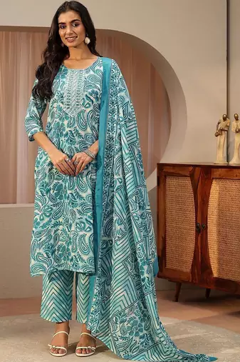 blue paisley printed cotton straight suit set