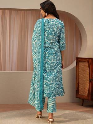 blue paisley printed cotton straight suit set 7