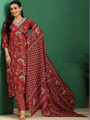women floral printed regular thread work kurta with trousers & with dupatta 1