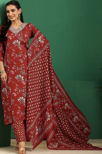 women floral printed regular thread work kurta with trousers & with dupatta