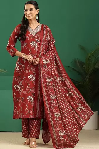 women floral printed regular thread work kurta with trousers & with dupatta