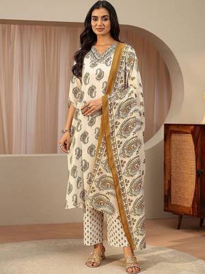 off white paisley printed cotton blend straight suit set 1