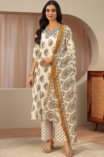 off white paisley printed cotton blend straight suit set