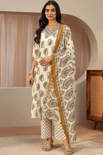 off white paisley printed cotton blend straight suit set