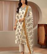 off white paisley printed cotton blend straight suit set