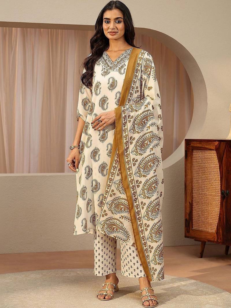 off white paisley printed cotton blend straight suit set