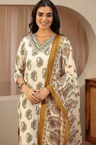 off white paisley printed cotton blend straight suit set