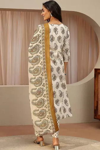 off white paisley printed cotton blend straight suit set