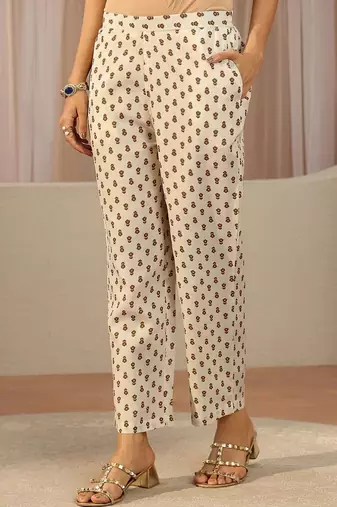off white paisley printed cotton blend straight suit set