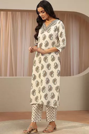 off white paisley printed cotton blend straight suit set