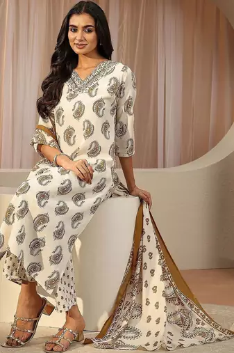 off white paisley printed cotton blend straight suit set
