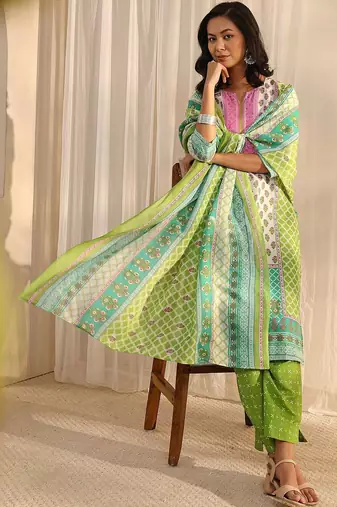 libas green multi printed straight suit set with dupatta
