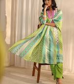 libas green multi printed straight suit set with dupatta