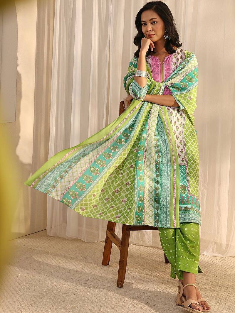 libas green multi printed straight suit set with dupatta