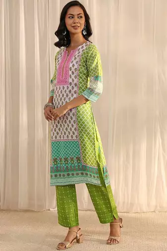 libas green multi printed straight suit set with dupatta