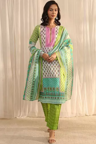 libas green multi printed straight suit set with dupatta