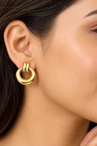 Anti-tarnish door knocker style, polished finish, chunky hoop design, women's jewellery.