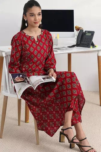 libas red ajrakh print a-line kurta set