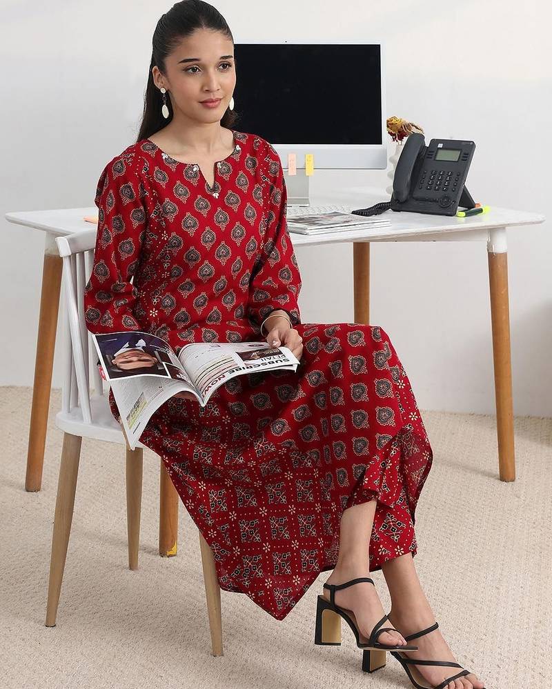 libas red ajrakh print a-line kurta set