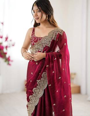 Burgundy burgundy chiffon ethnic embellished festive wear saree with matching blouse 1
