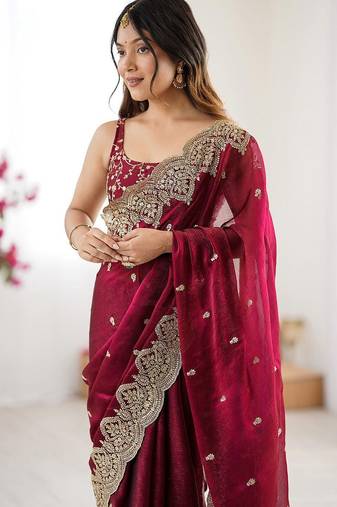 Burgundy burgundy chiffon ethnic embellished festive wear saree with matching blouse