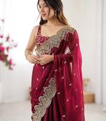 Burgundy burgundy chiffon ethnic embellished festive wear saree with matching blouse