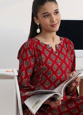 libas red ajrakh print a-line kurta set 2