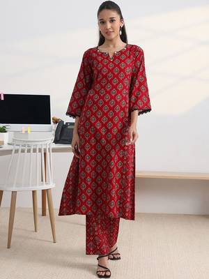 libas red ajrakh print a-line kurta set 3