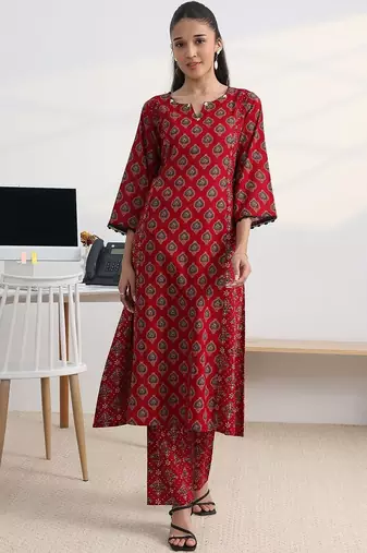 libas red ajrakh print a-line kurta set