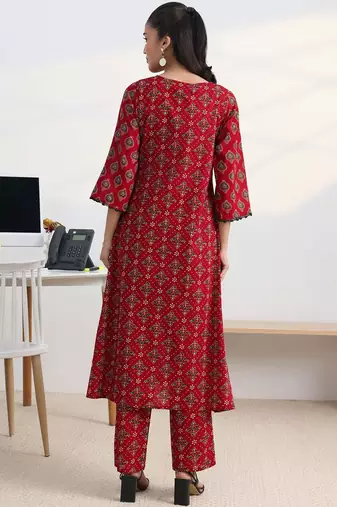 libas red ajrakh print a-line kurta set