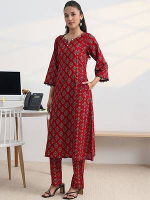 libas red ajrakh print a-line kurta set 5