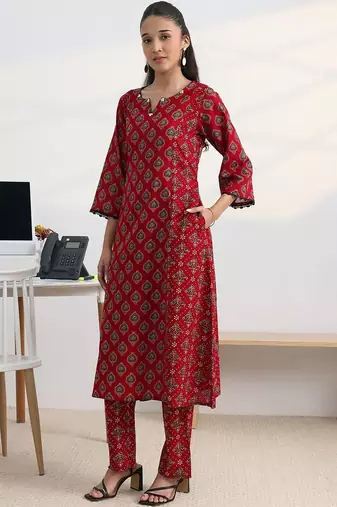 libas red ajrakh print a-line kurta set