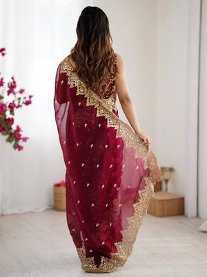 Burgundy burgundy chiffon ethnic embellished festive wear saree with matching blouse 3