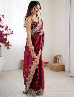 Burgundy burgundy chiffon ethnic embellished festive wear saree with matching blouse 4