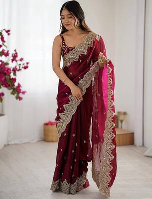 Burgundy burgundy chiffon ethnic embellished festive wear saree with matching blouse 5