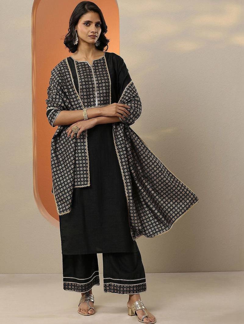 women ethnic motifs yoke design regular kurta with trousers & with dupatta