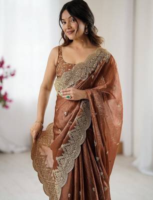 Brown embellished sequinned  chiffon designer saree 1