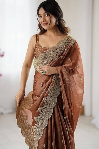 Brown embellished sequinned  chiffon designer saree