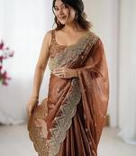 Brown embellished sequinned  chiffon designer saree