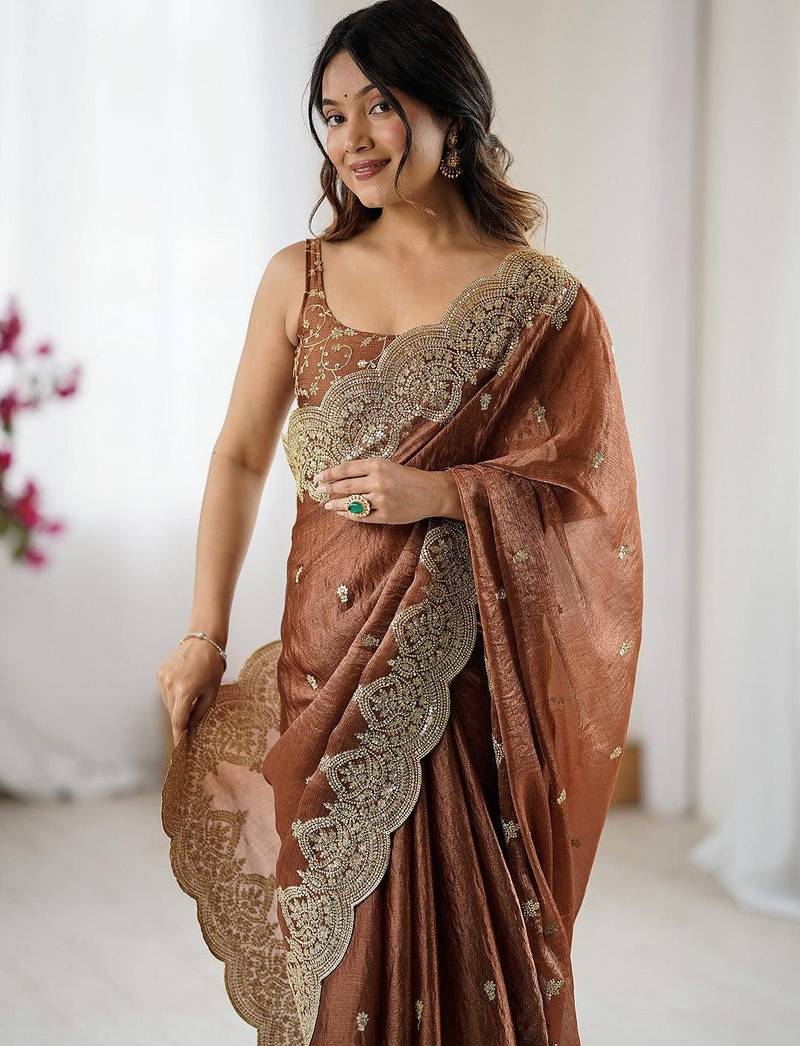 Brown embellished sequinned  chiffon designer saree