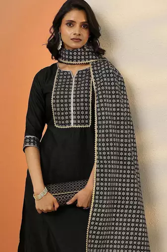 women ethnic motifs yoke design regular kurta with trousers & with dupatta