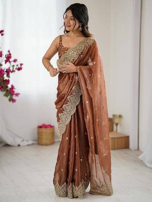 Brown embellished sequinned  chiffon designer saree 2