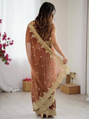 Brown embellished sequinned  chiffon designer saree 3