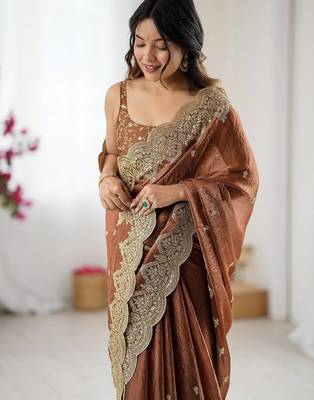 Brown embellished sequinned  chiffon designer saree 4